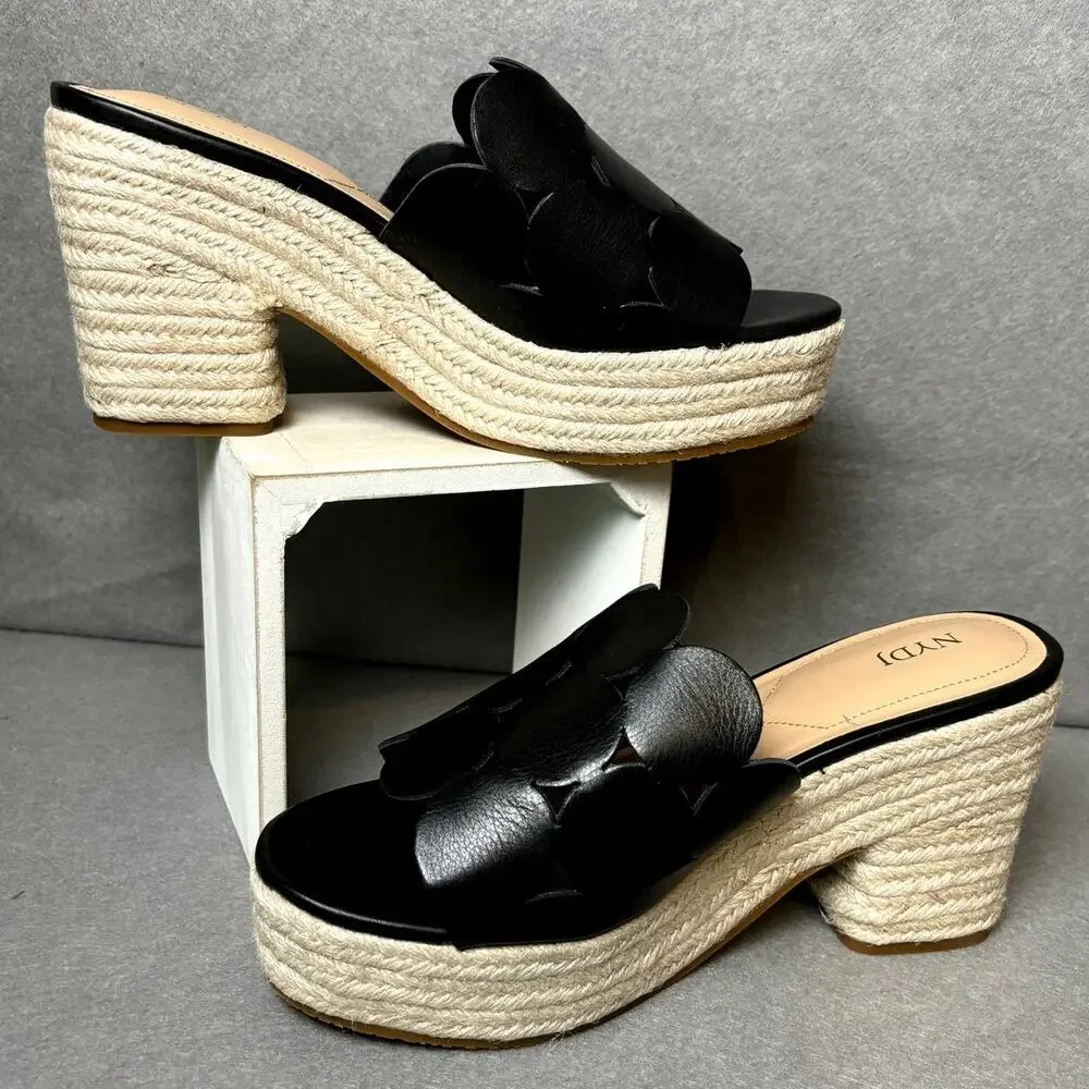 NYDJ Black Leather Mule Platform Sandal Summer Beach Party Sz 10